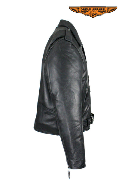 Mens Naked Cowhide Leather Motorcycle Jacket With Snap Down Collar & Belt