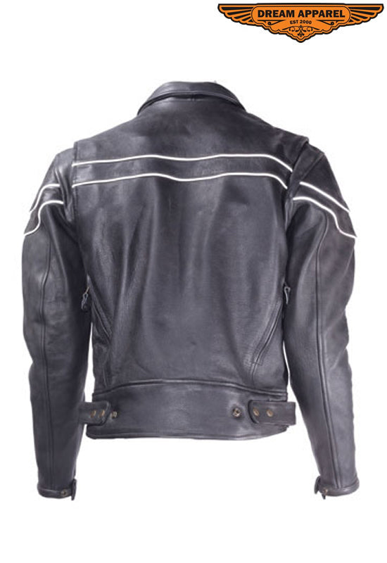 Mens Leather Racer Motorcycle Jacket With Reflective Piping