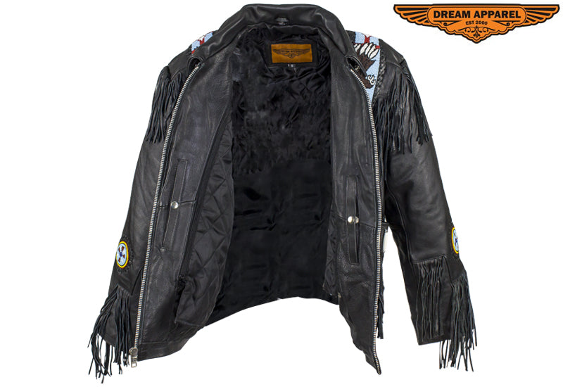 Men’s Western Style Leather Motorcycle Jacket with Beads & Bone