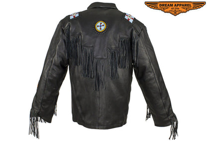 Men’s Western Style Leather Motorcycle Jacket with Beads & Bone