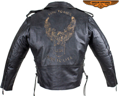 Mens Leather Motorcycle Jacket With Eagle