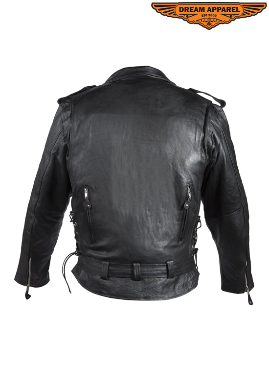 Mens Leather Motorcycle Jacket With Classic Collar