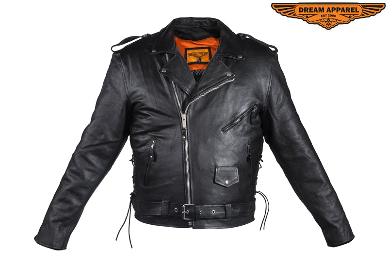 Mens Leather Motorcycle Jacket With Classic Collar