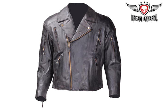 Mens Leather Jacket With Hidden Snap Down Collar