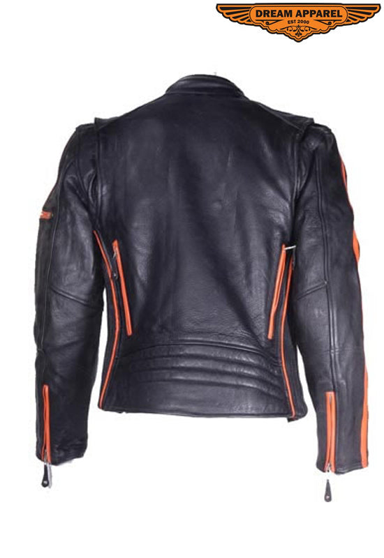 Mens Racing Leather Motorcycle Jacket With Orange Stripes