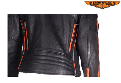 Mens Racing Leather Motorcycle Jacket With Orange Stripes