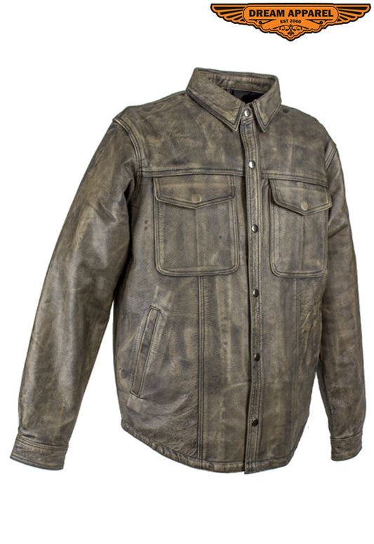 Mens Distressed Brown Leather Motorcycle Shirt With Concealed Carry