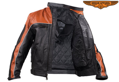 Mens Black & Orange Racer Jacket With Reflective Piping