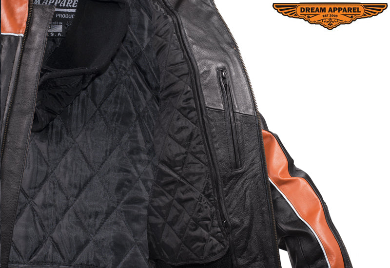 Mens Black & Orange Racer Jacket With Reflective Piping