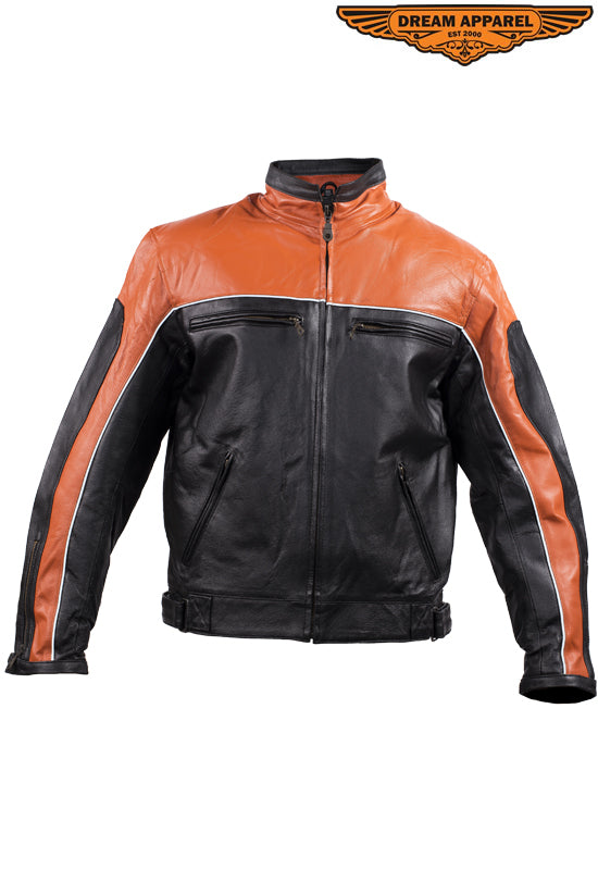 Mens Black & Orange Racer Jacket With Reflective Piping