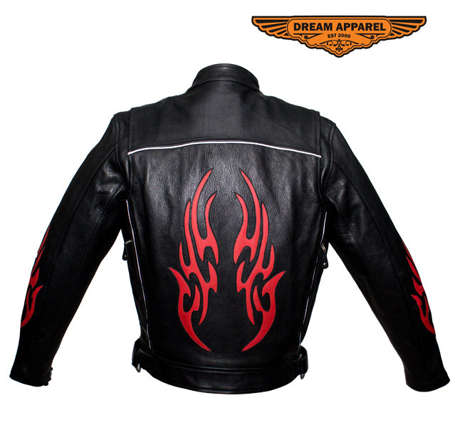 Mens Leather Motorcycle Racer Jacket With Flames