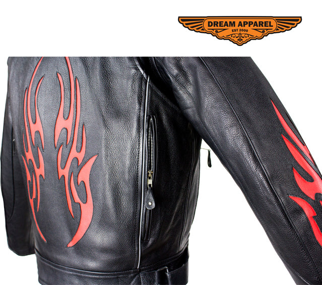 Mens Leather Motorcycle Racer Jacket With Flames