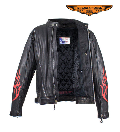 Mens Leather Motorcycle Racer Jacket With Flames