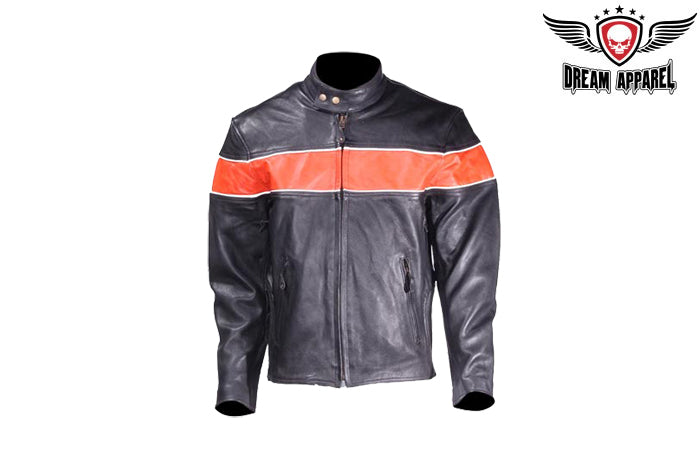 Mens Leather Jacket With One Orange Stripe