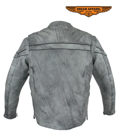 Mens Gray Naked Cowhide Leather Motorcycle Jacket With Zipper On Front