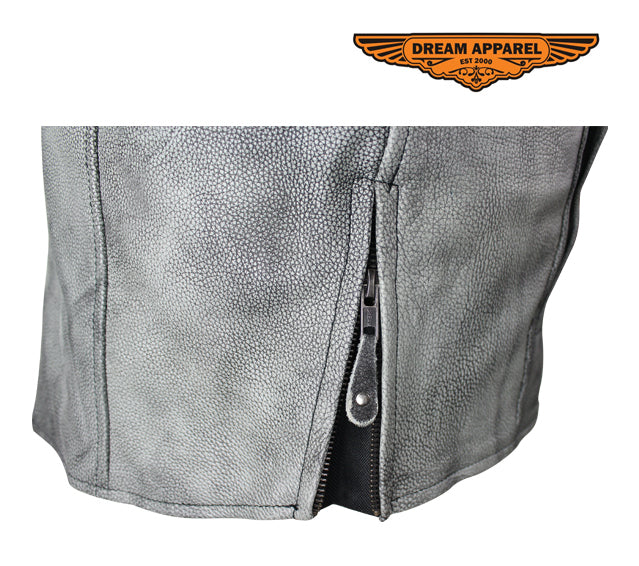 Mens Gray Naked Cowhide Leather Motorcycle Jacket With Zipper On Front