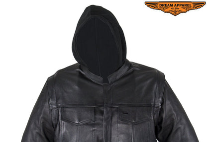 Dream Apparel Black Leather Jacket with Removable Sleeves & Hoodie