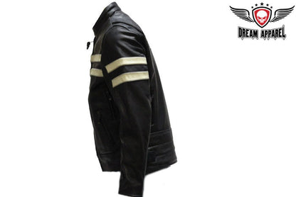 Mens Leather Jacket With Silver Stripes