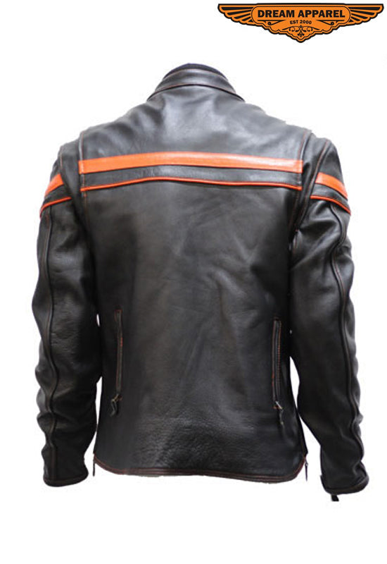 Mens Leather Jacket With Orange Stripes