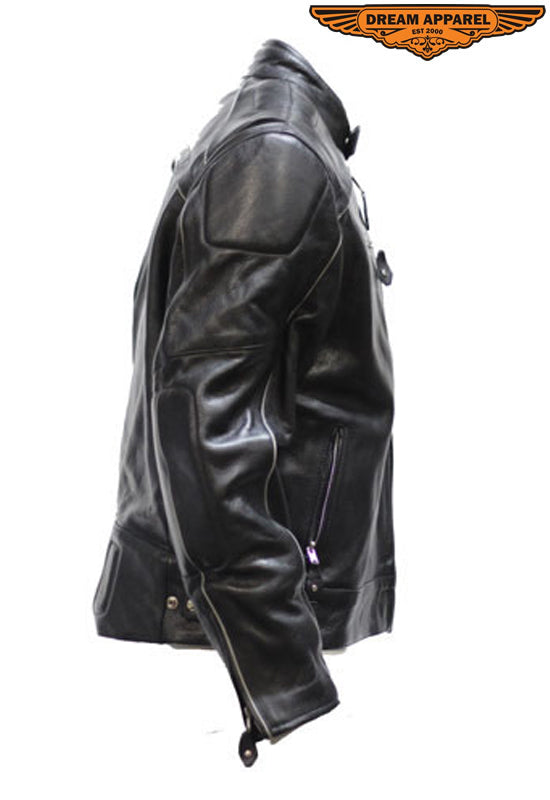 Mens Leather Jacket With Racer Collar