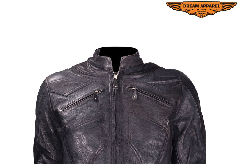 Mens Leather Racer Jacket With Racer Collar