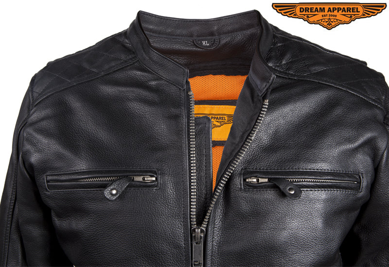 Mens Motorcycle Jacket With Diamond Pattern On The Sides & Shoulders