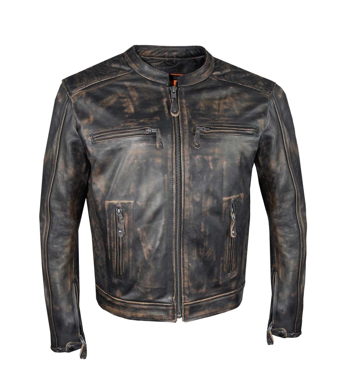 Mens Motorcycle Jacket Distress Brown Naked Cowhide Leather Diamond Pattern on Sides & Shoulder