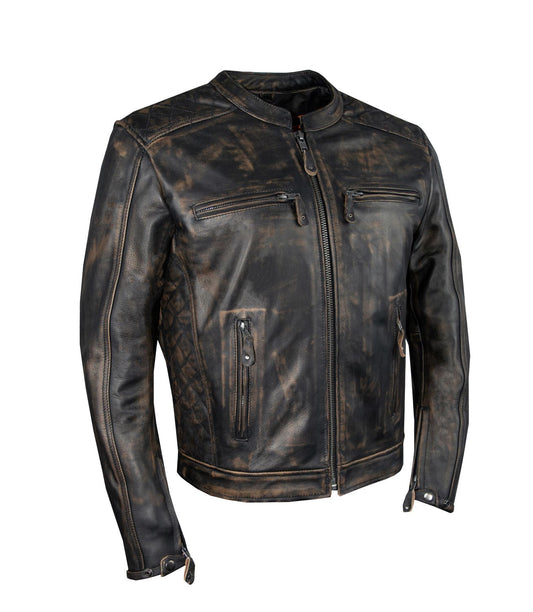 Mens Motorcycle Jacket Distress Brown Naked Cowhide Leather Diamond Pattern on Sides & Shoulder