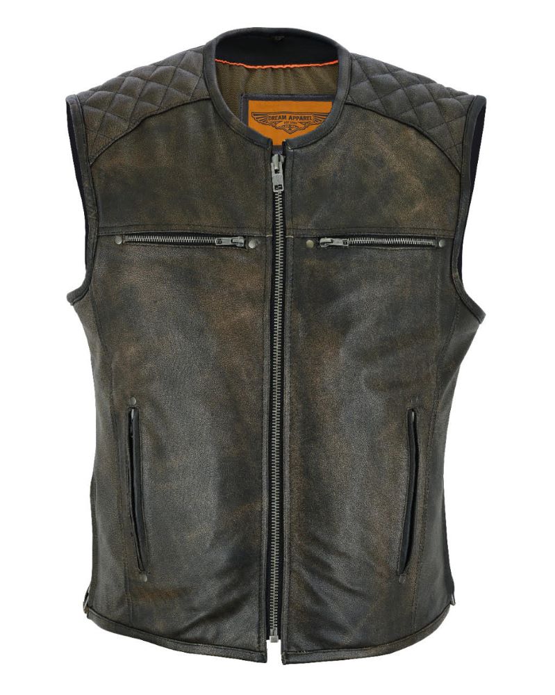 Mens Retro Brown Premium Naked Leather Vest Padded Shoulders, Side Zippers for Comfort Fit