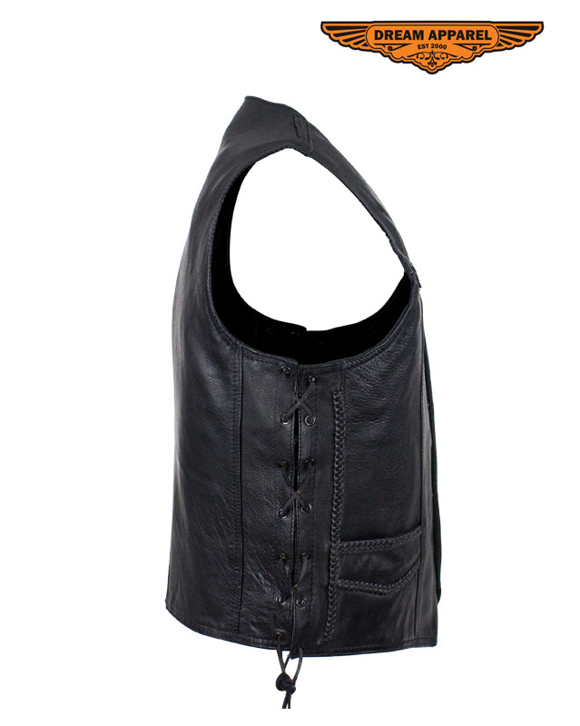 Mens Leather Motorcycle Vest With Huge Gun Pocket