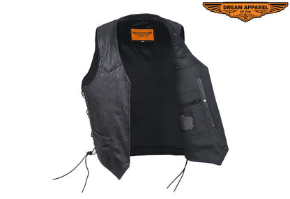 Mens Leather Motorcycle Vest With Huge Gun Pocket