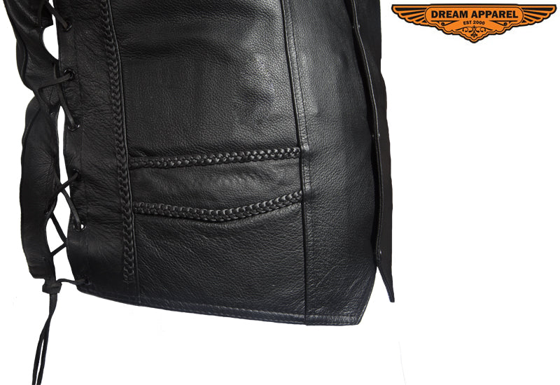 Mens Leather Motorcycle Vest With Huge Gun Pocket