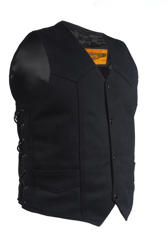 Mens Black Canvas Motorcycle Vest, Conceal Gun Pockets