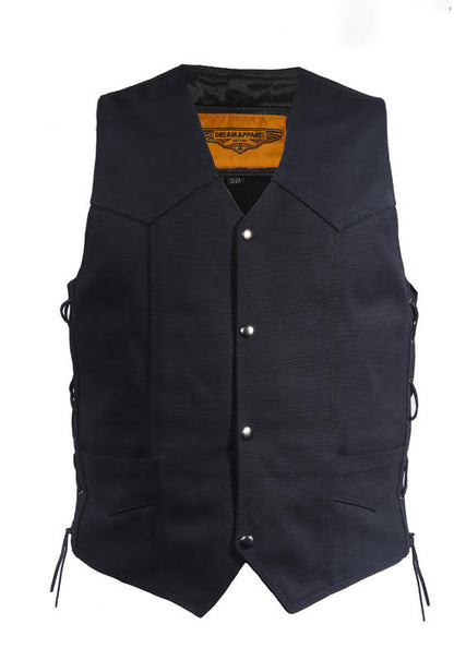 Mens Black Canvas Motorcycle Vest, Conceal Gun Pockets