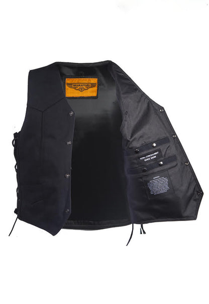 Mens Black Canvas Motorcycle Vest, Conceal Gun Pockets