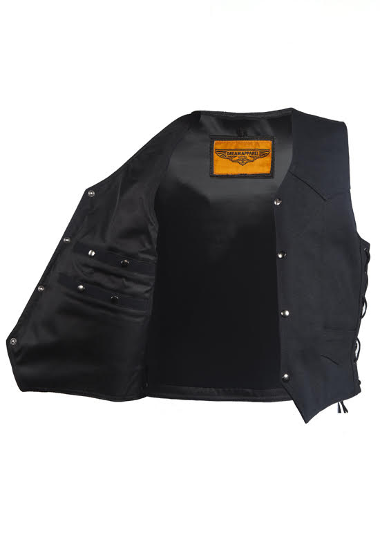 Mens Black Canvas Motorcycle Vest, Conceal Gun Pockets