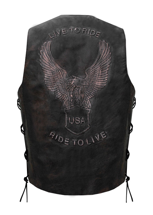 Dream Apparel Men's Distressed Brown Vest, Side Laces with Emboss Eagle, Live to Ride, Ride to Live