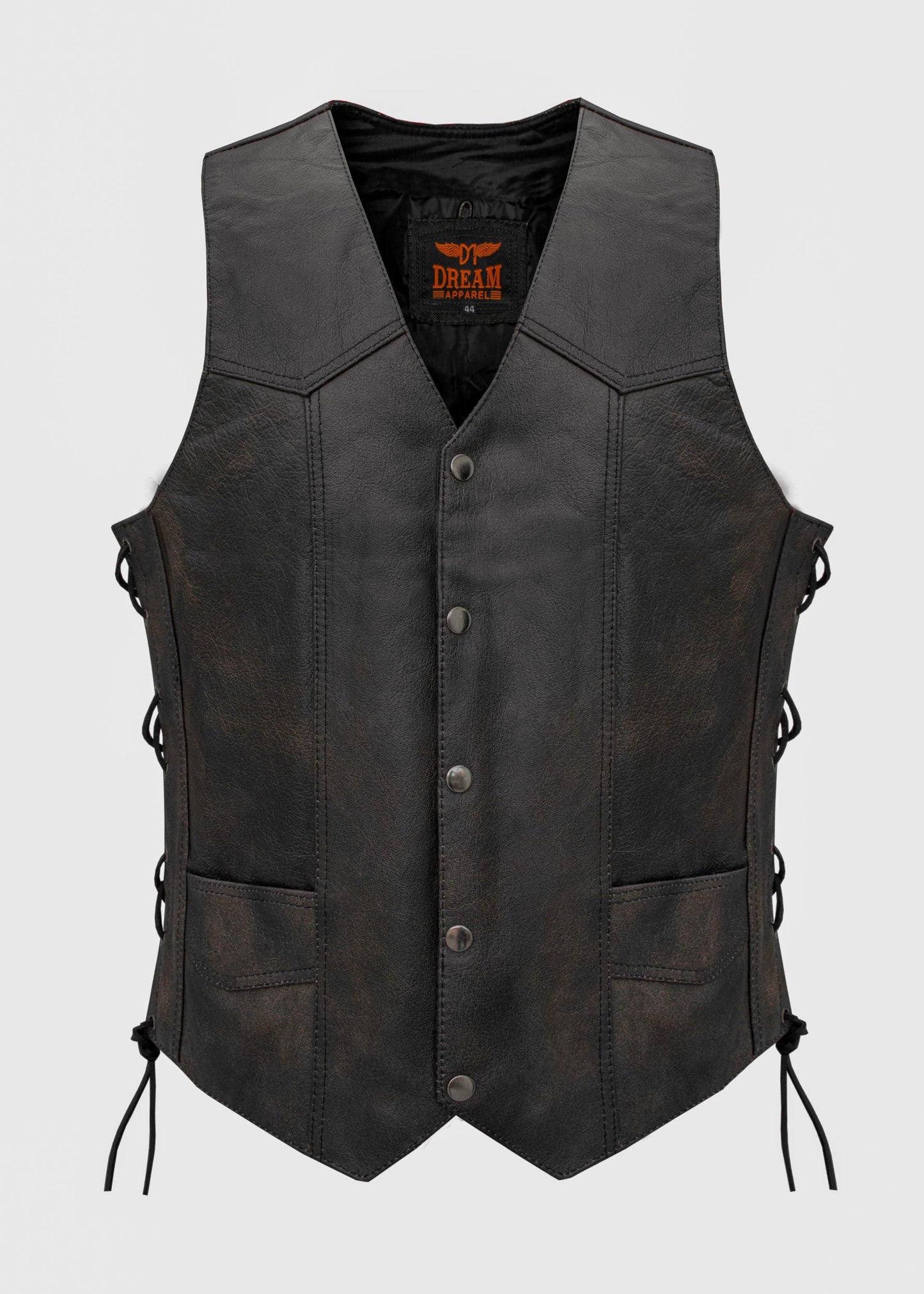 Dream Apparel Men's Distressed Brown Vest, Side Laces with Emboss Eagle, Live to Ride, Ride to Live