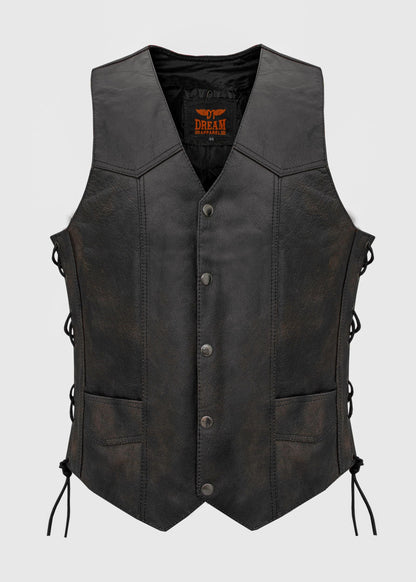 Dream Apparel Men's Distressed Brown Vest, Side Laces with Emboss Eagle, Live to Ride, Ride to Live