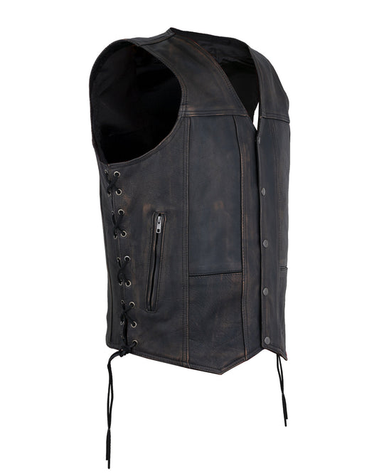 Mens Distressed Brown Motorcycle 10 Pockets Vest Premium Naked Cowhide Leather