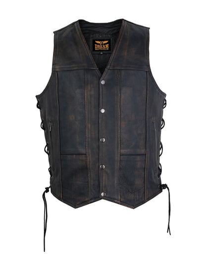 Mens Distressed Brown Motorcycle 10 Pockets Vest Premium Naked Cowhide Leather