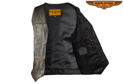 Mens Distressed Brown Motorcycle Vest With 10 Pockets Side Laces