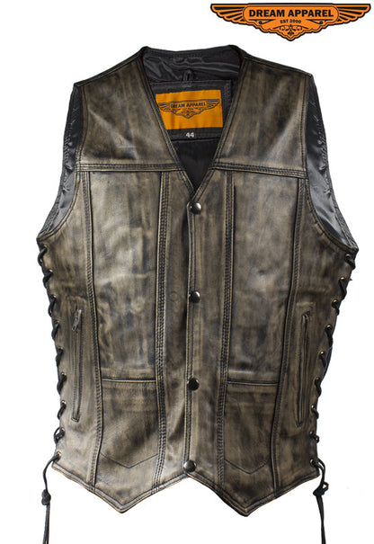 Mens Distressed Brown Motorcycle Vest With 10 Pockets Side Laces