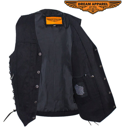 Men’s Black Denim Motorcycle Vest with Concealed Gun Pockets