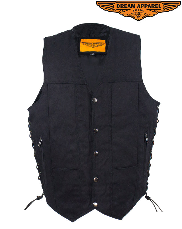 Men’s Black Denim Motorcycle Vest with Concealed Gun Pockets