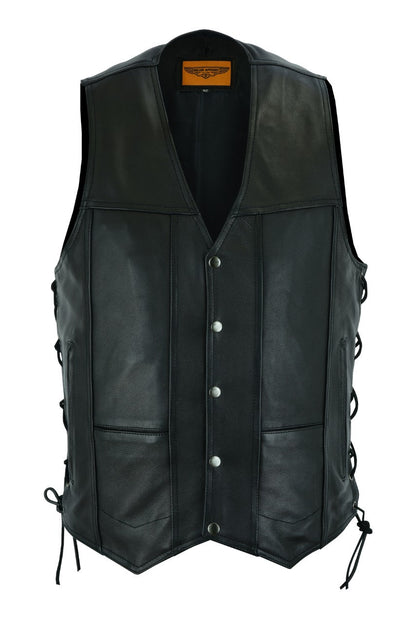 Mens Plain Leather Motorcycle Vest Concealed Gun Pockets, Long Panel Back for your Patches