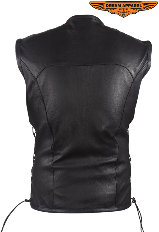 Mens Leather Motorcycle Club Vest With No Collar