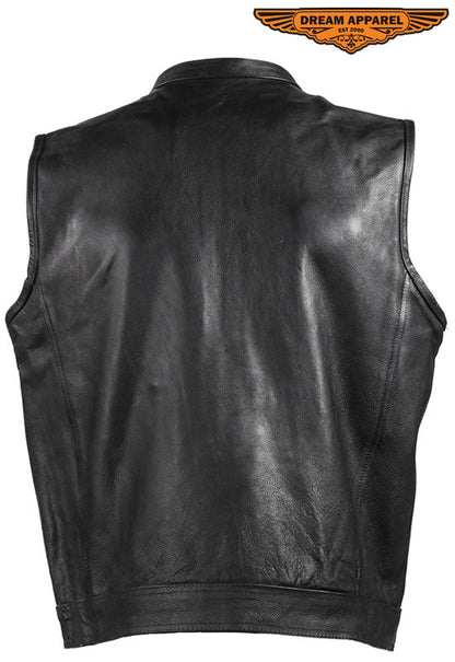 Mens Motorcycle Club Leather Vest With Red Liner & Gun Pocket