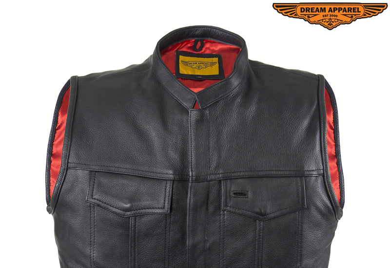 Mens Motorcycle Leather Club Vest With Red Liner