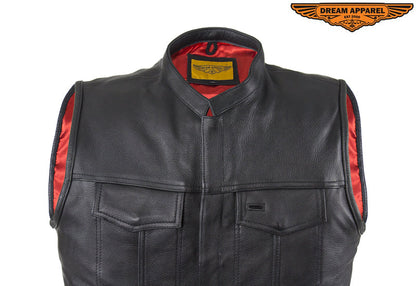 Mens Motorcycle Leather Club Vest With Red Liner